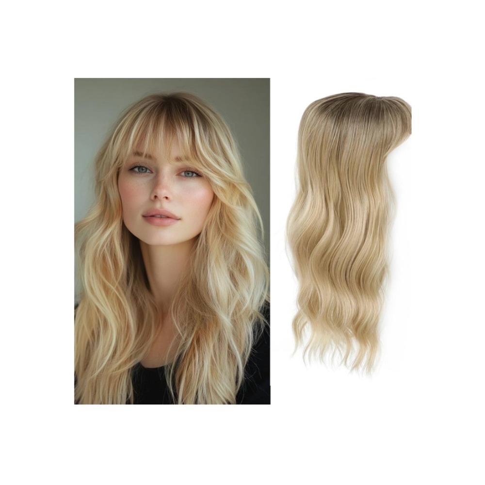 360 3D Hair Topper 20in French Bangs Champagne Blonde with Brown Root Silk Base